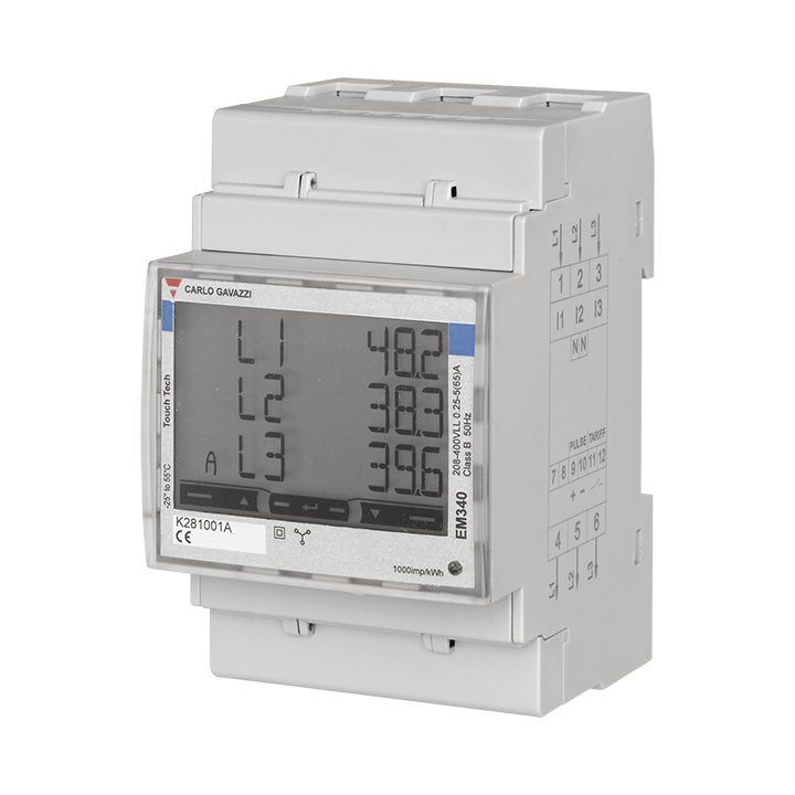 Zaptec Sense Meter Carlo Gavazzi EM340 avec mesure directe jusqu'à 65A, le Zaptec Sense et l’alimentation 5V